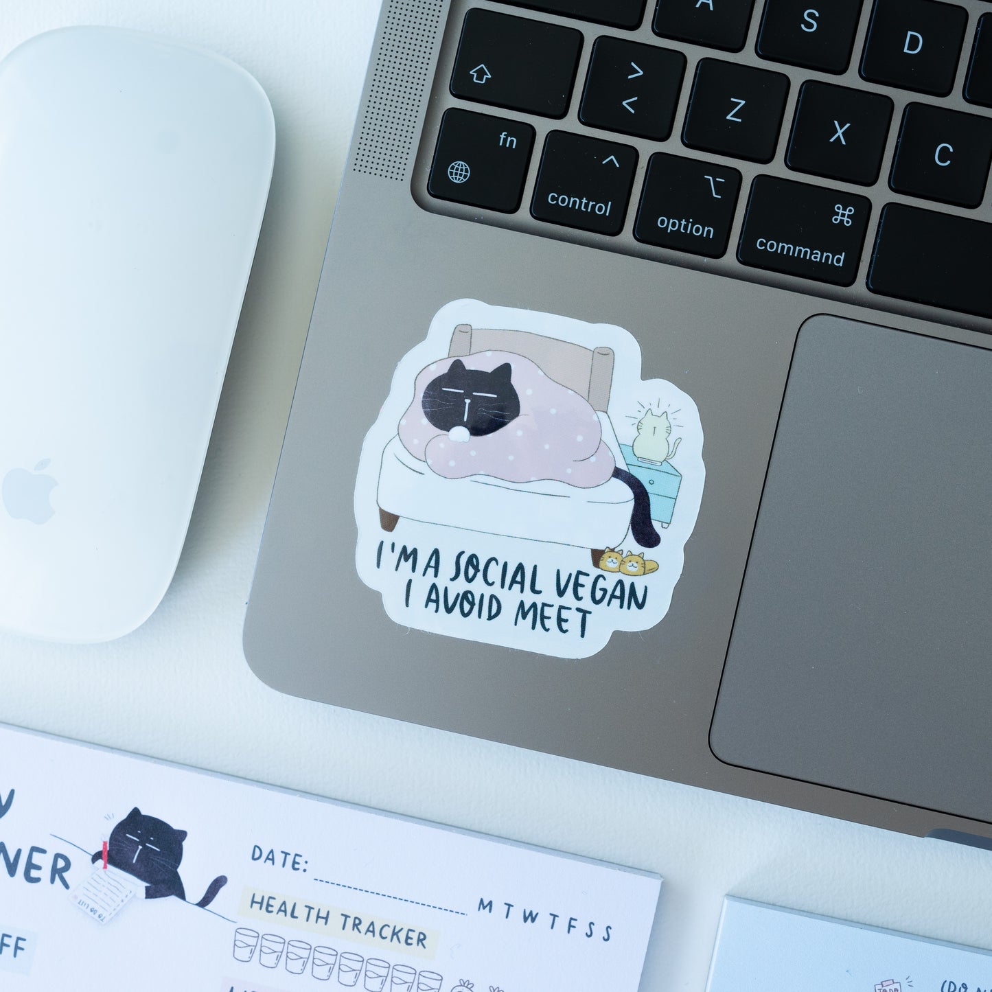 "I'm a social vegan, I avoid meet" Sarcastic introvert Mocha cat sticker for laptop
