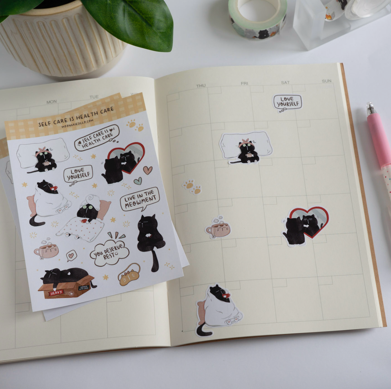 Self Care is Health Care - Mocha Cat Sticker Sheet for journaling