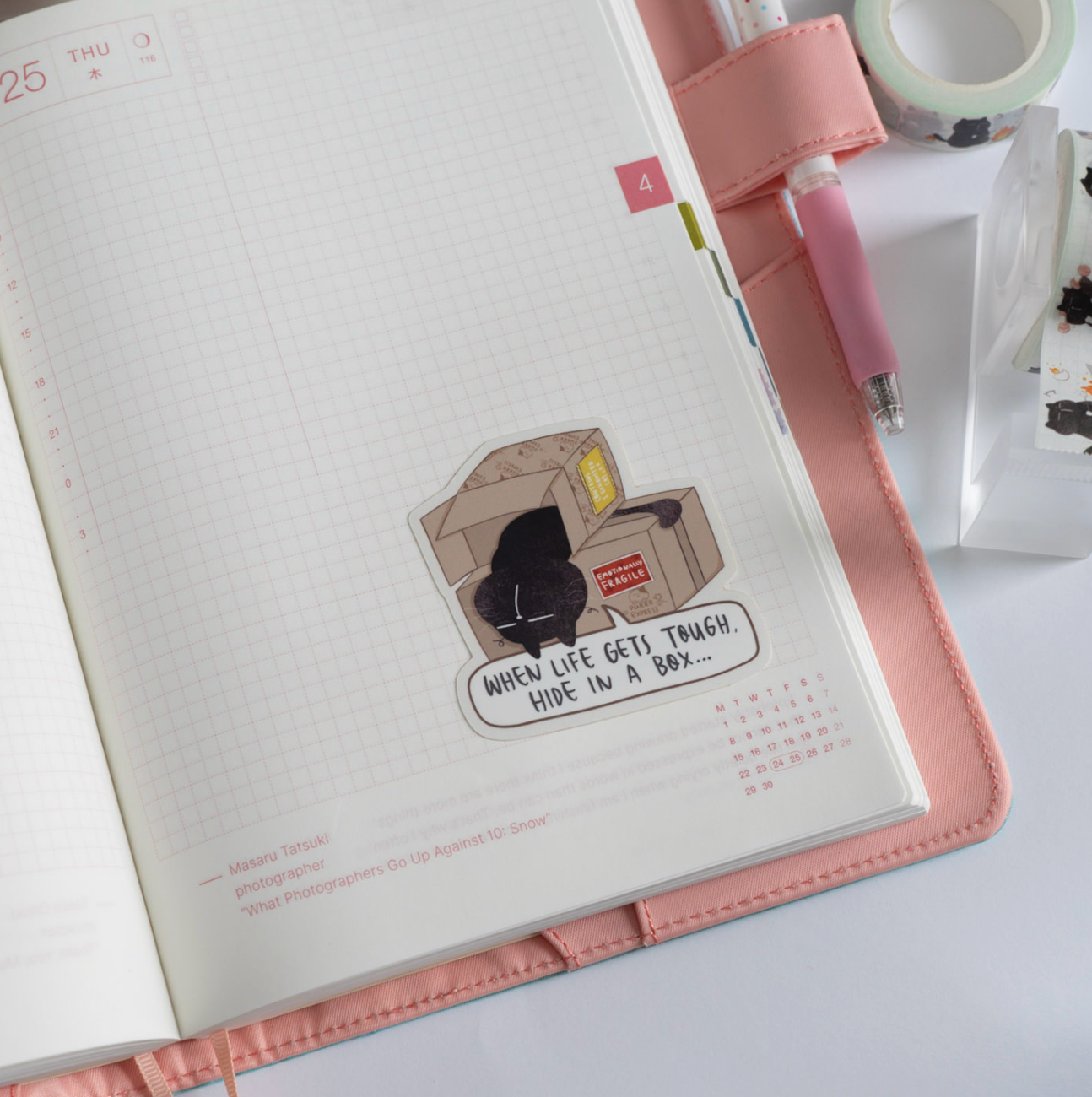 "When life gets tough, hide in a box" - Mocha Cat Motivational Vinyl Sticker