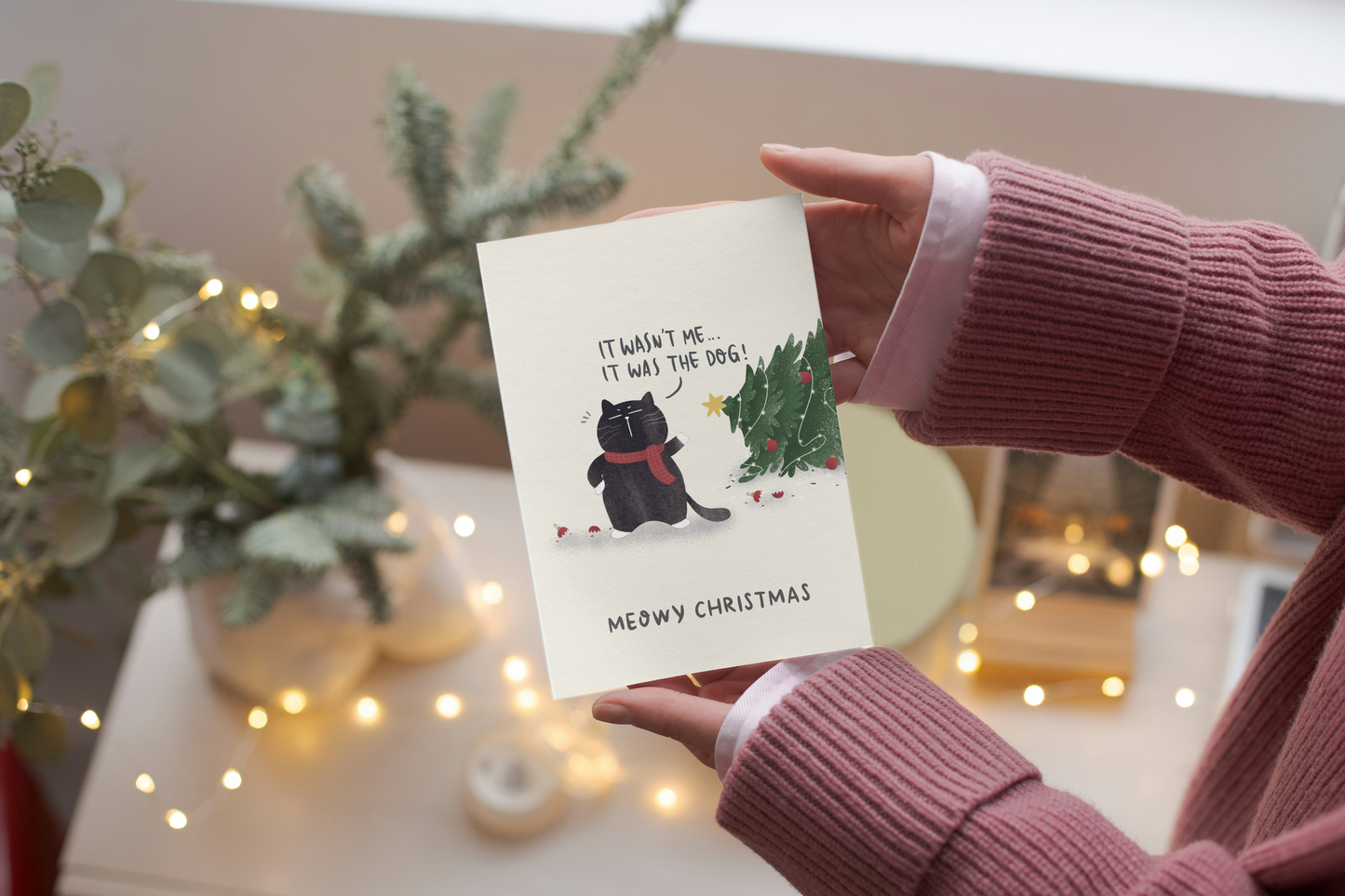"It wasn't me... it was the dog" Funny Mocha Cat Christmas Card