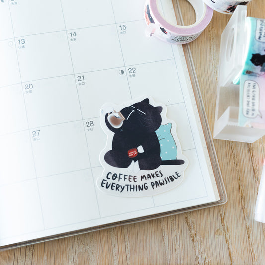 "Coffee makes everything pawsible" Funny Coffee Mocha Cat Waterproof Sticker