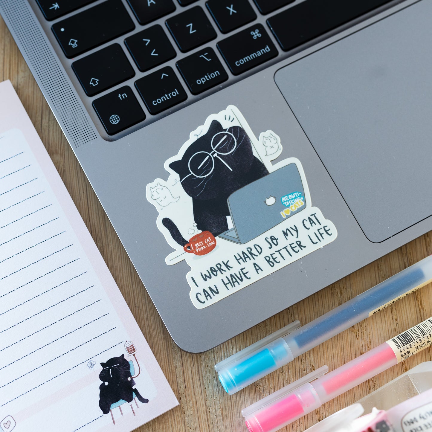 "I work hard so my cat can have a better life" Funny Mocha Cat Work Sticker