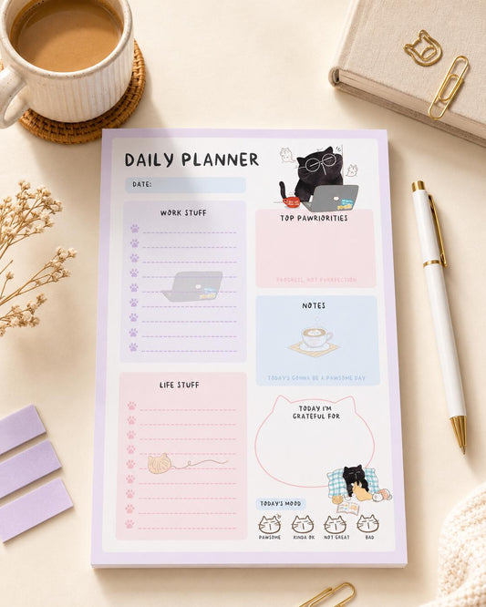 Kawaii Cat Daily Planner Notepad, A5 size, 50 Sheets, Mood Tracker