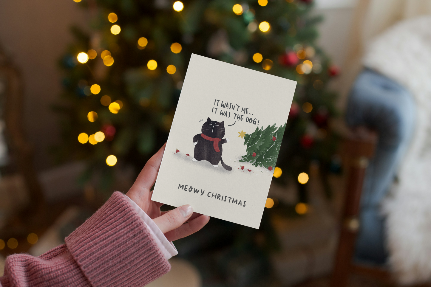 "It wasn't me... it was the dog" Funny Mocha Cat Christmas Card
