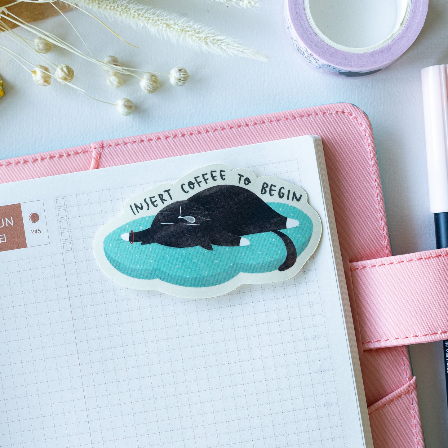 "Insert coffee to begin" Coffee quote Mocha cat waterproof sticker