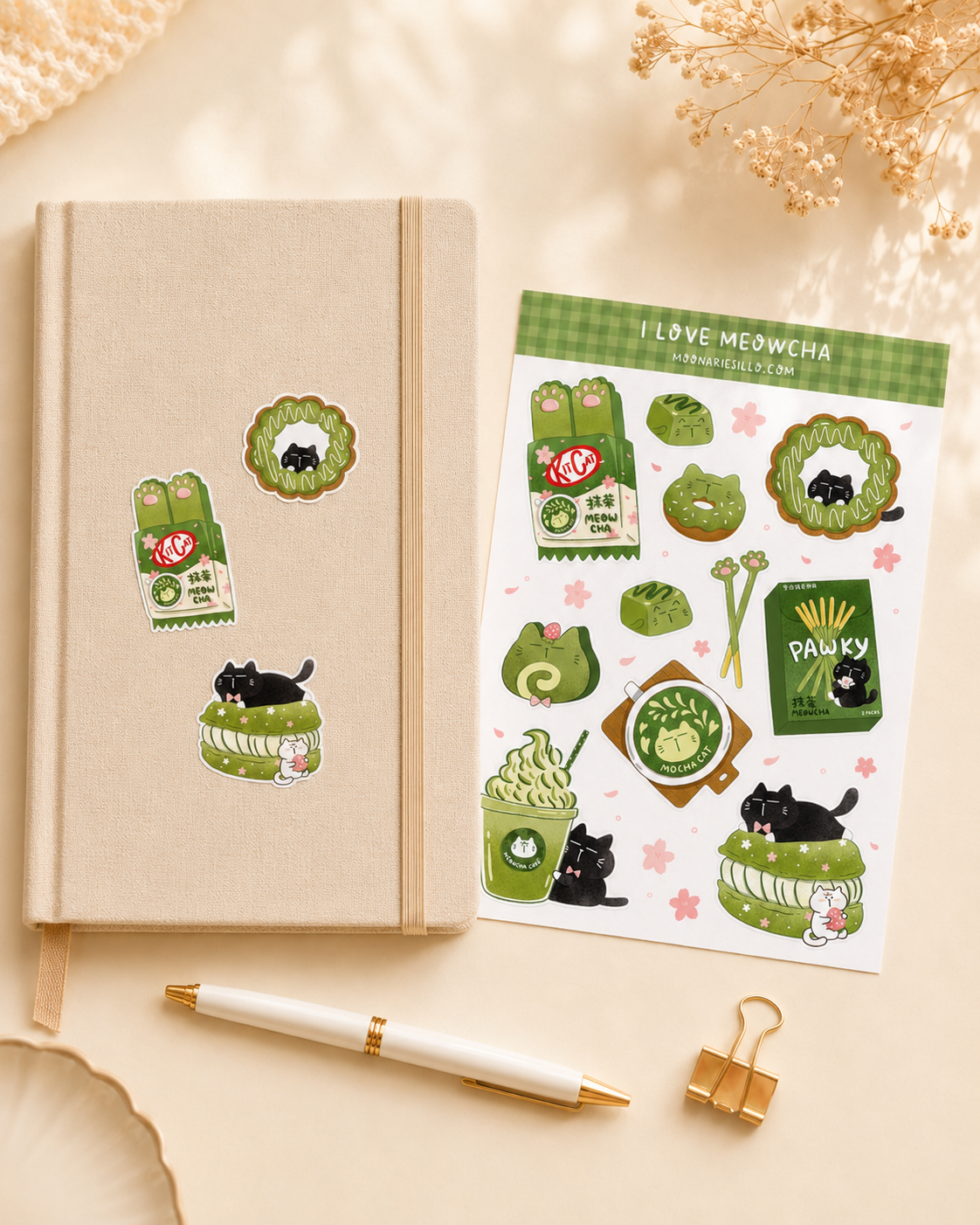 Matcha Cat Sticker Sheet, A6, I Love Meowcha, Matcha Lover Stickers, Journal