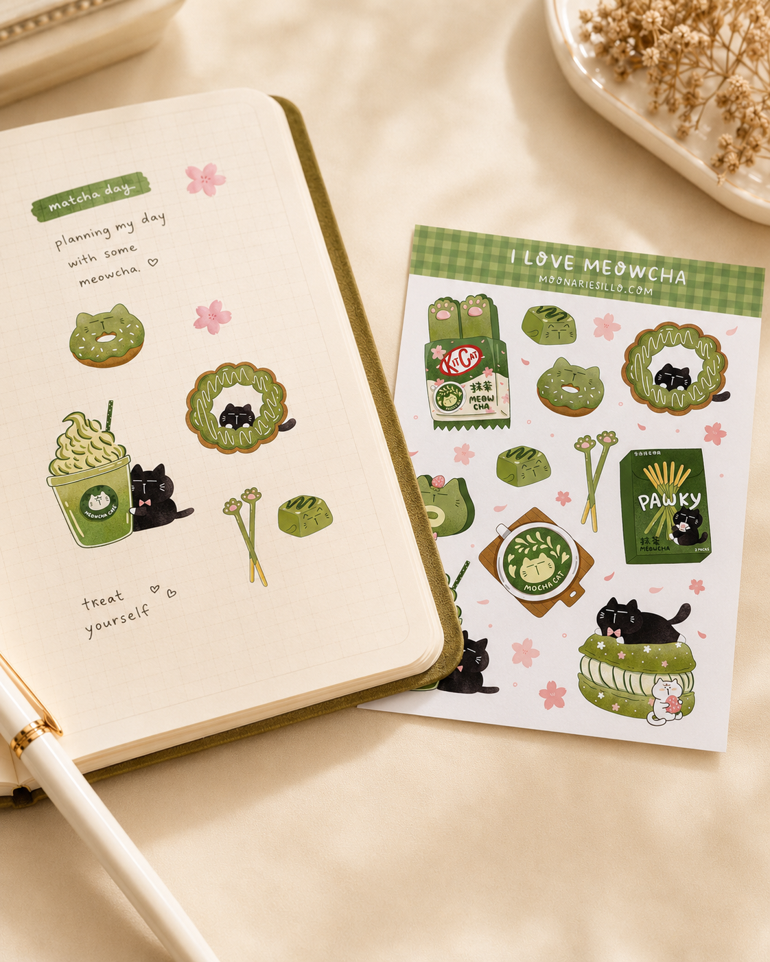 Matcha Cat Sticker Sheet, A6, I Love Meowcha, Matcha Lover Stickers, Journal