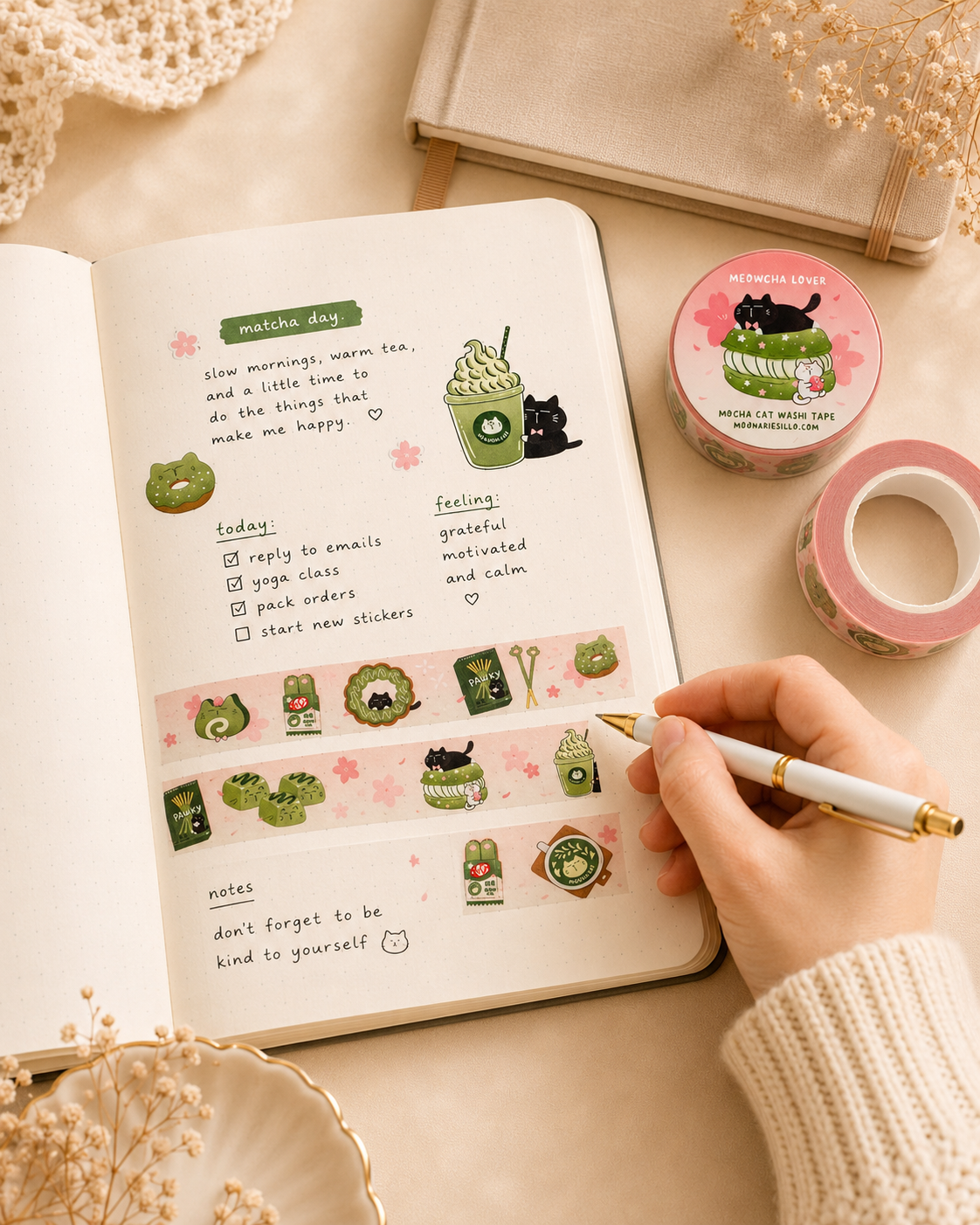Matcha Cat Washi Tape, Meowcha Lover Journaling Tape