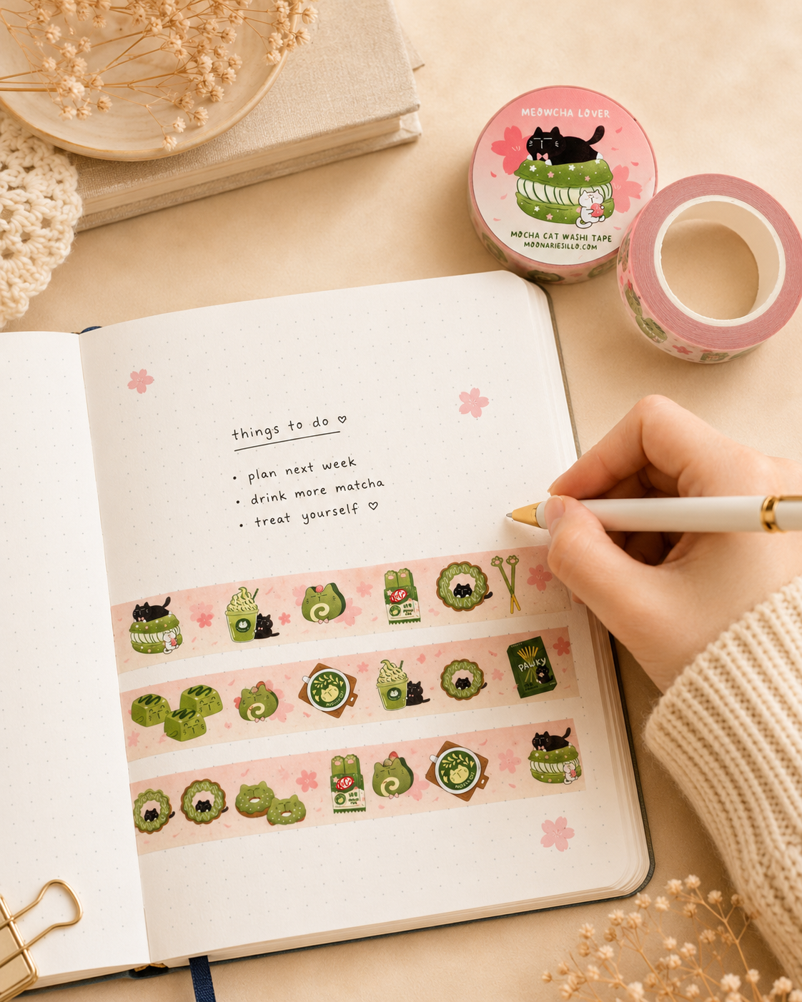 Matcha Cat Washi Tape, Meowcha Lover Journaling Tape