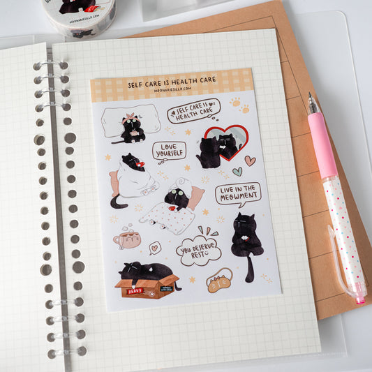 Self Care is Health Care - Mocha Cat Sticker Sheet for journaling