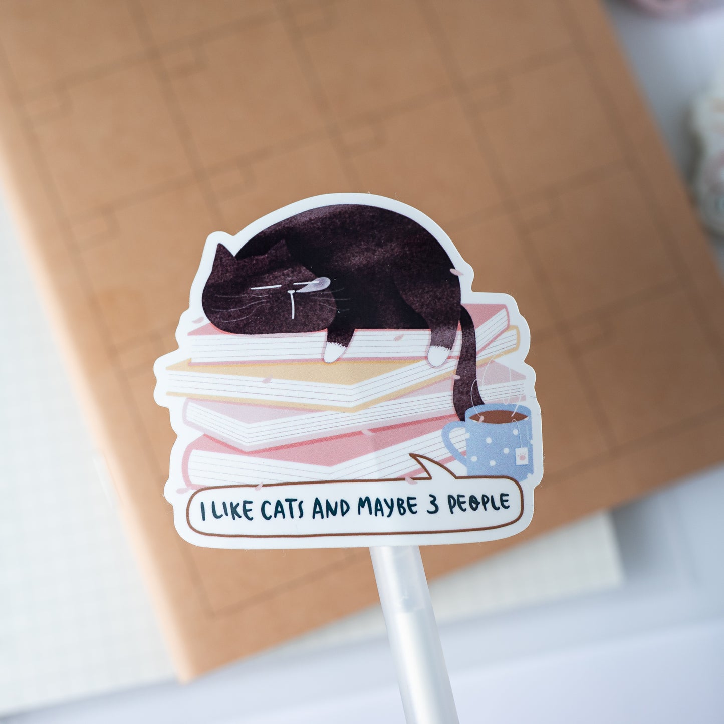"I like cats and maybe 3 people" - Relatable Mocha Cat Laptop Sticker Design