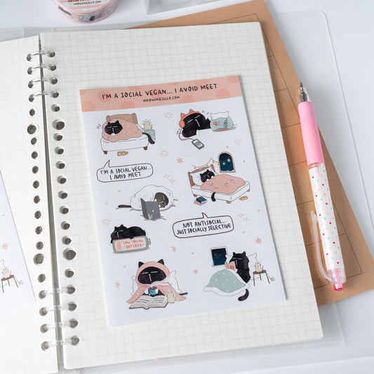 I'm a social vegan, I avoid meet... Mocha Cat Sticker Sheet for journals, notebooks