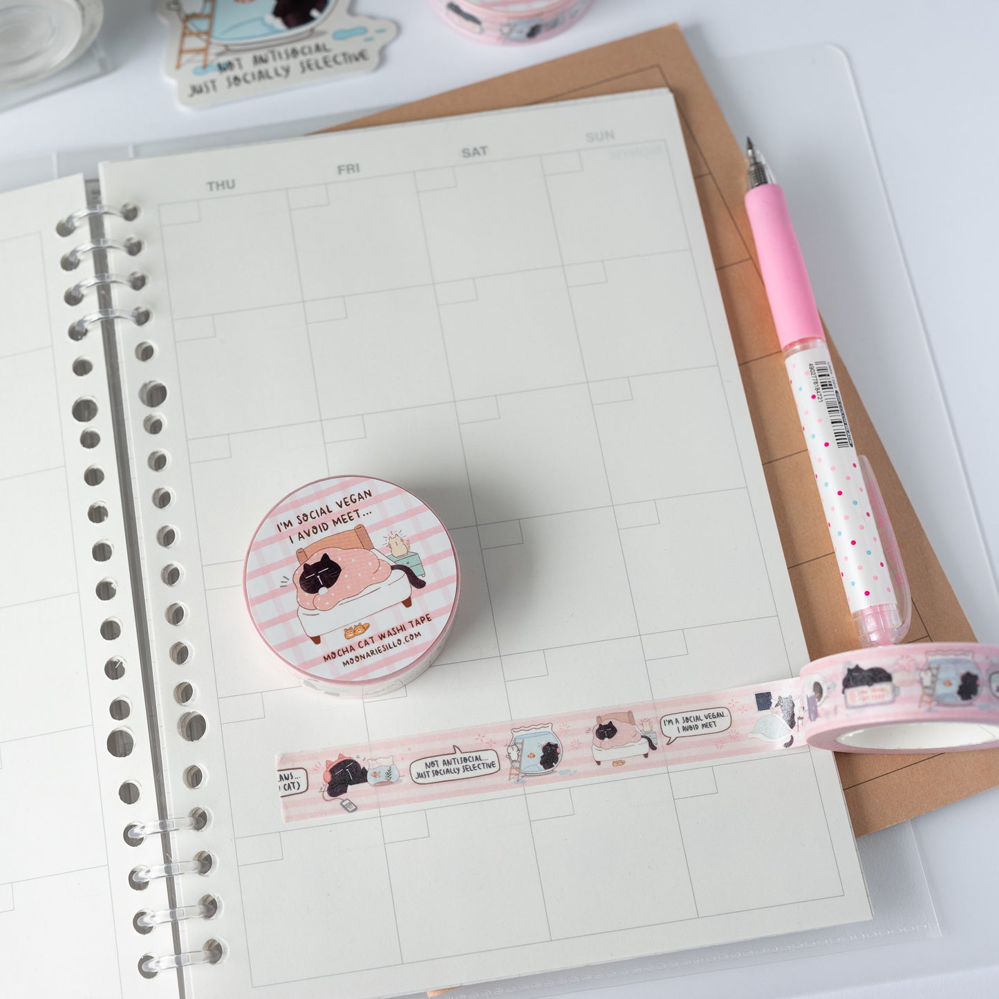 "I'm a social vegan... I avoid meet" Mocha Cat washi tape