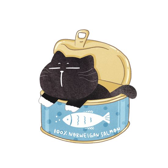 Illustration of a black cat inside a can labeled '100% Norwegian Salmon' on a white background.