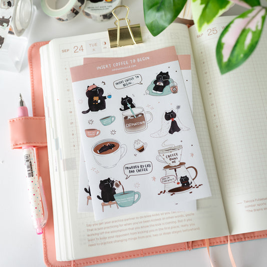 Insert Coffee To Begin | Coffee Mocha Cat Sticker Sheet