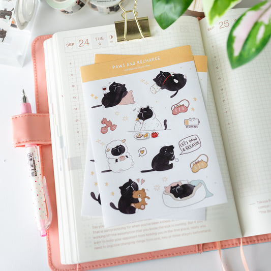 Paws and Recharge | Cozy Mocha Cat Planner Stickers