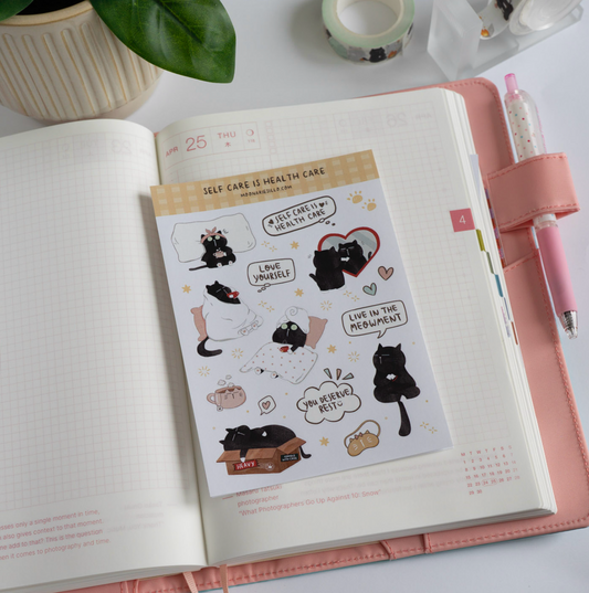 Self Care is Health Care - Mocha Cat Sticker Sheet for journaling