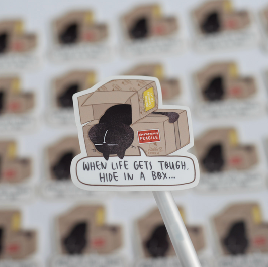 "When life gets tough, hide in a box" - Mocha Cat Motivational Vinyl Sticker