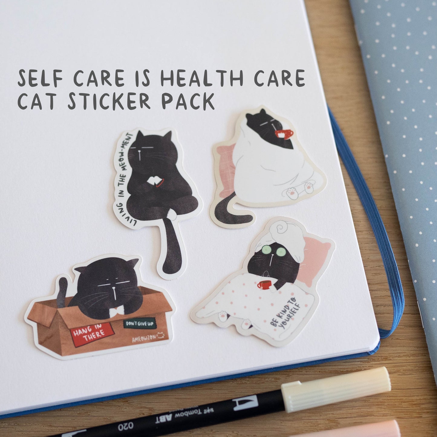 Self-Care Cat Stickers: Waterproof Vinyl, Mental Health Reminders