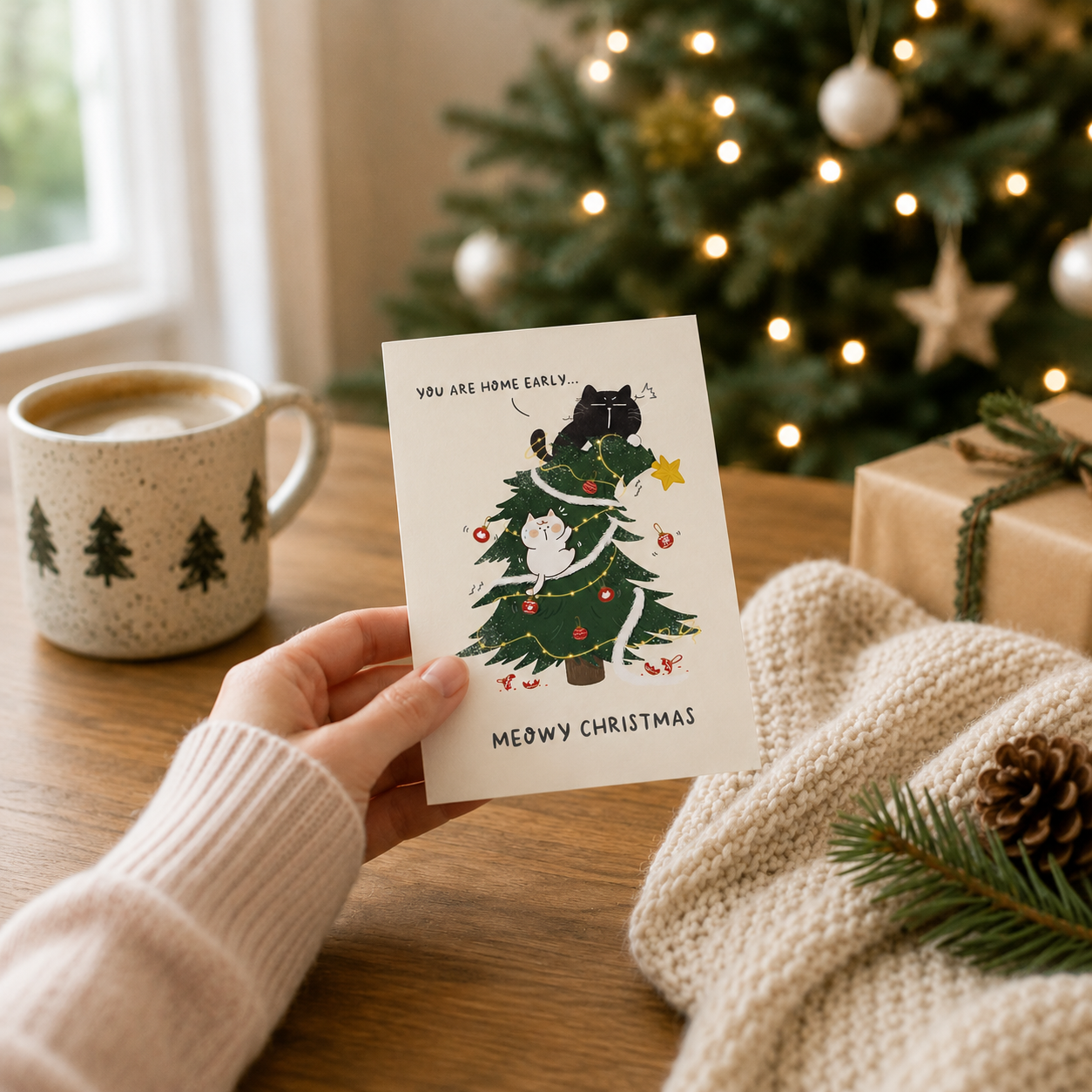 "You Are Home Early" - Cat owners relatable Christmas Card
