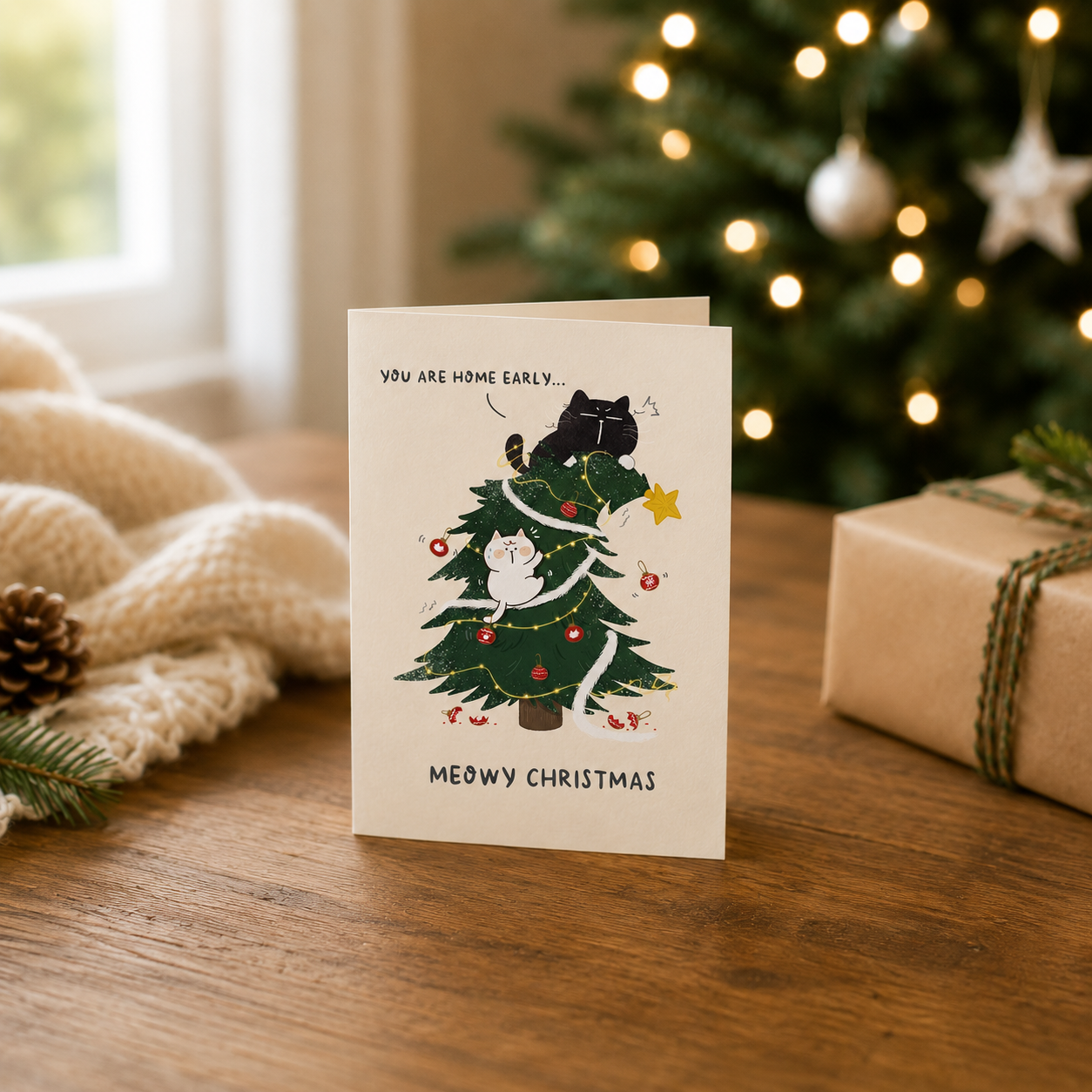 "You Are Home Early" - Cat owners relatable Christmas Card