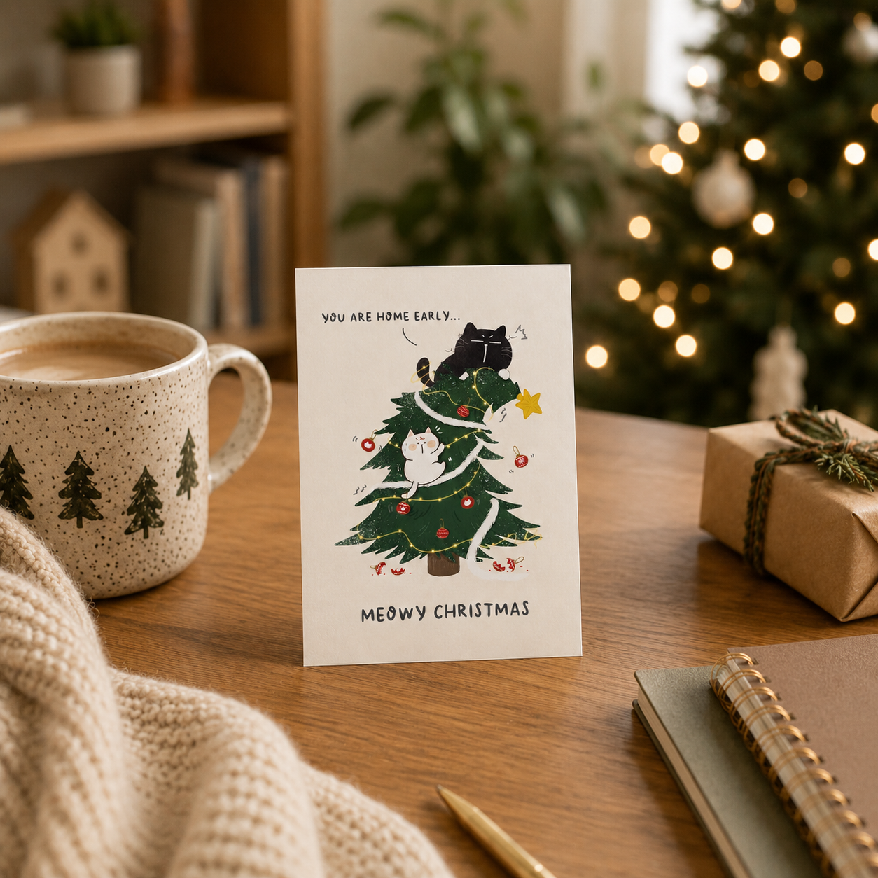 "You Are Home Early" - Cat owners relatable Christmas Card