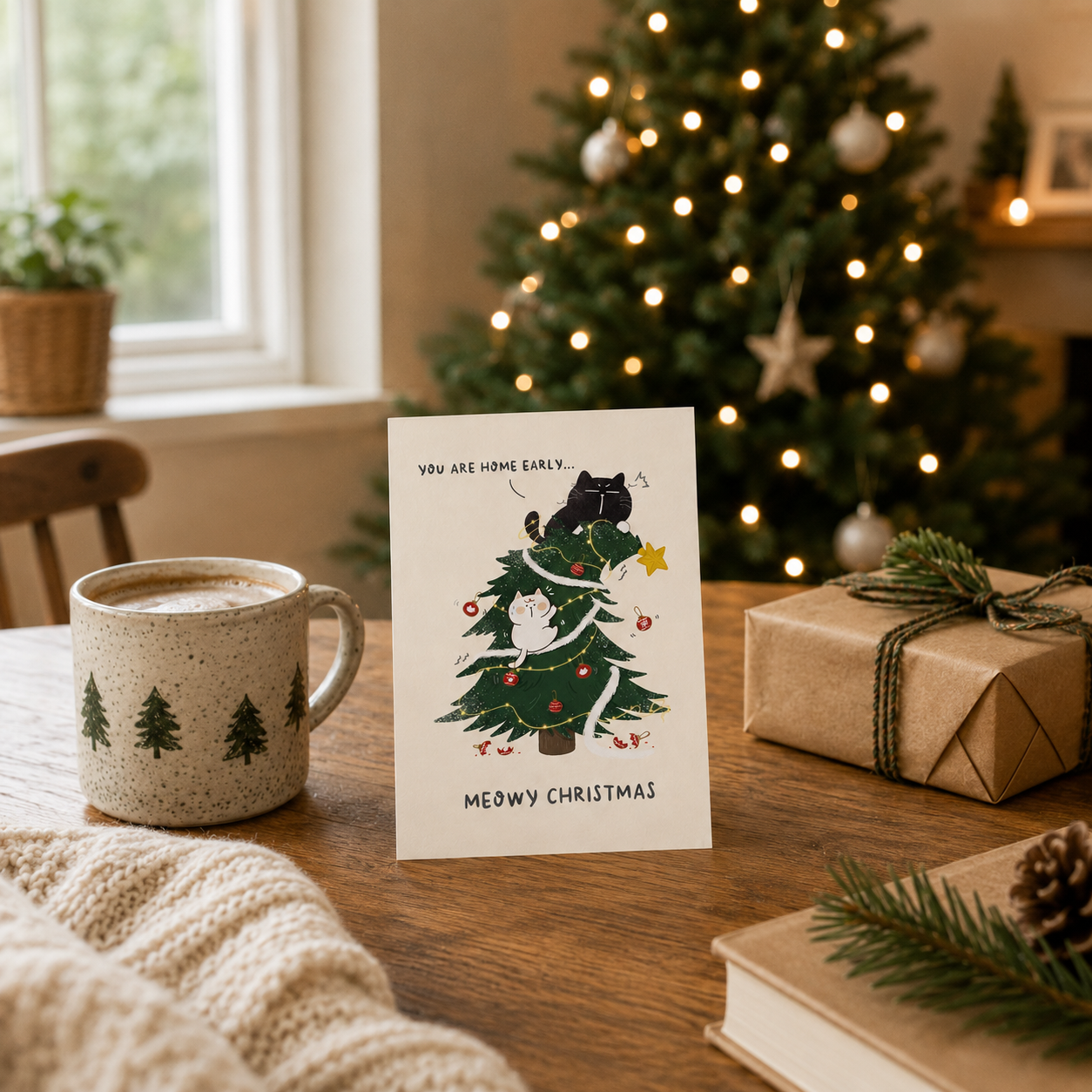 "You Are Home Early" - Cat owners relatable Christmas Card