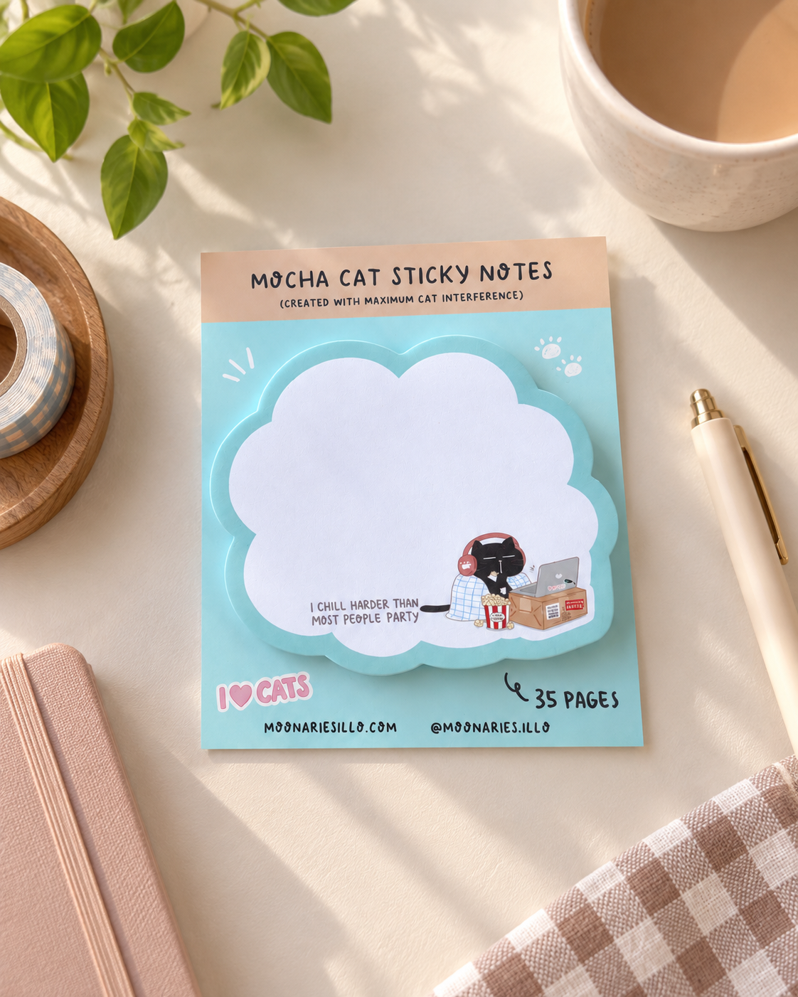 Mocha Cat funny die cut sticky note, 35 pages
