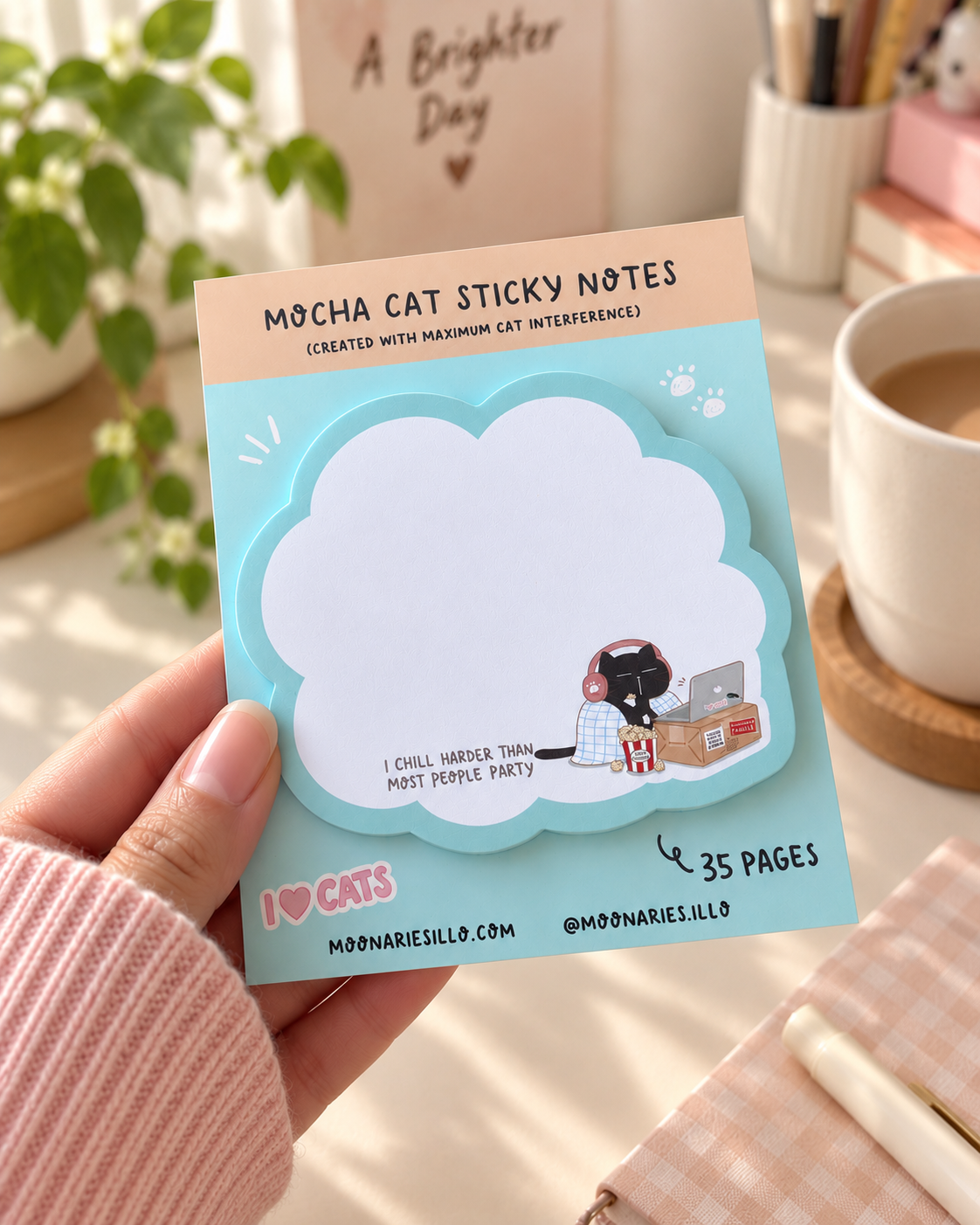 Mocha Cat funny die cut sticky note, 35 pages