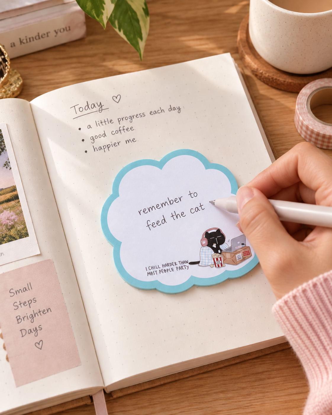 Mocha Cat funny die cut sticky note, 35 pages